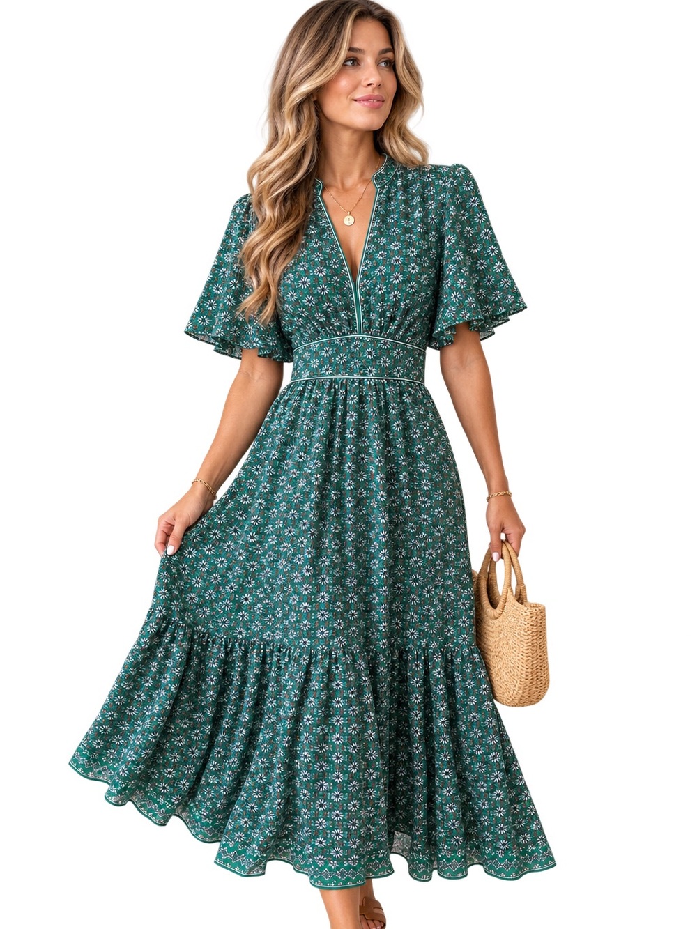Max Studio Boho Cottagecore Green Floral V-Neck Maxi Dress size Large